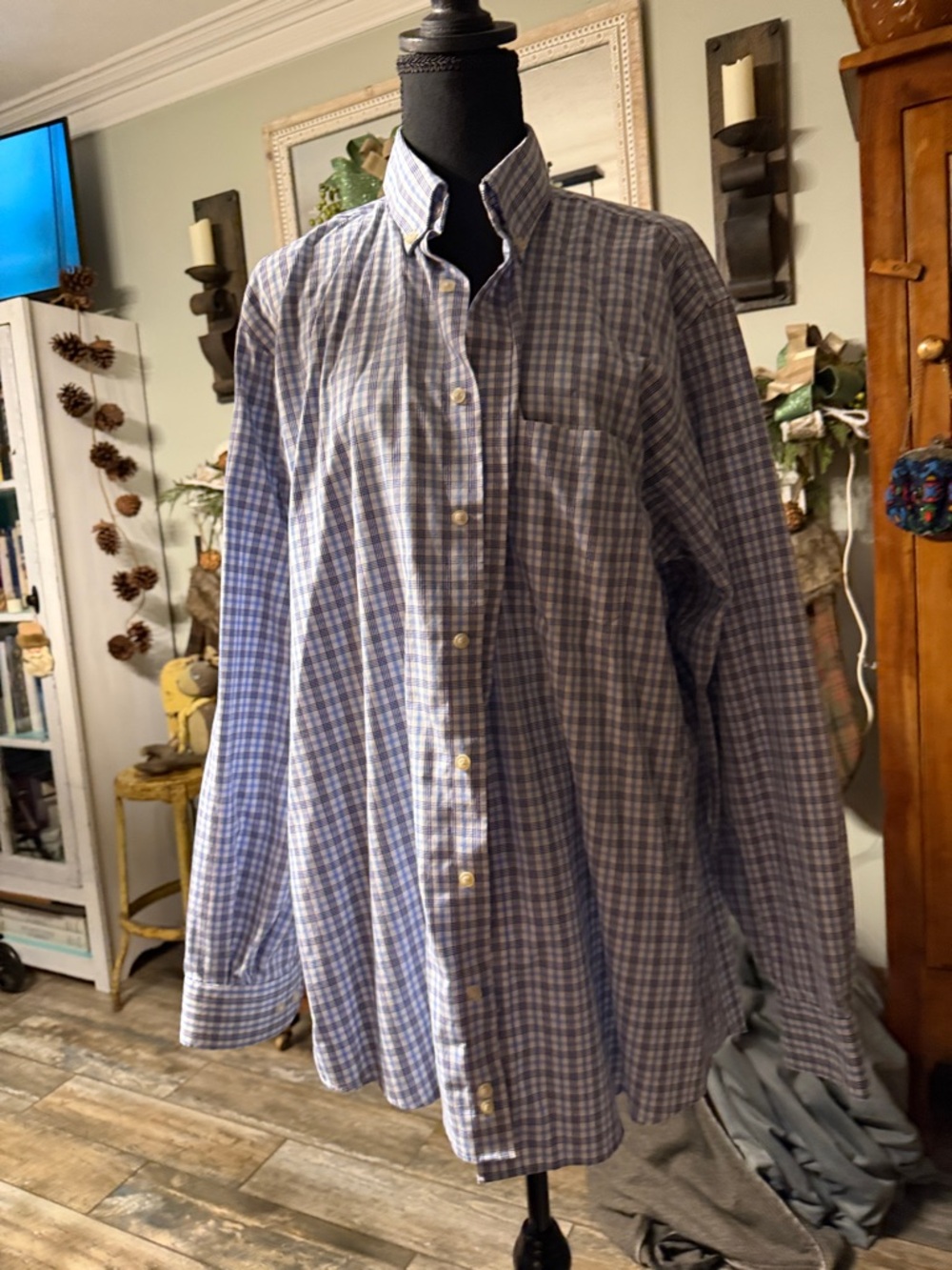Kirkland Signature Blue and White Plaid Button-Down Shirt